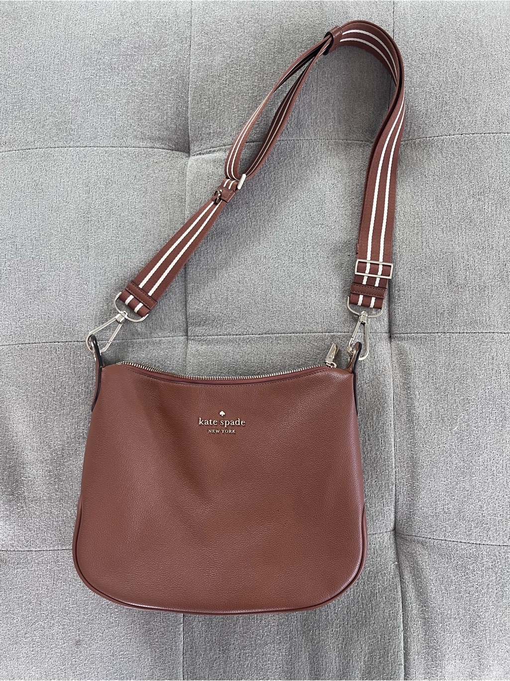 Kate Spade Brown Leather Crossbody With Striped Strap